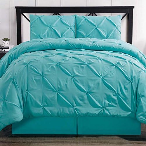 Comforter Set BRushed Microfiber 3 Piece Pinch Pleat Pintuck Luxury Modern Hypoallergenic All Season Oversized Soft Bedding - with Pillow Sham and Bed Skirt - Solid Aqua Blue Single Bed Twin Size