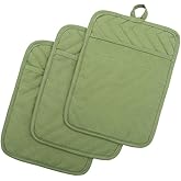 Anyi Heat Resistant Pot Holders, Cotton Hot Pads for Counter & Table, Green with Pocket