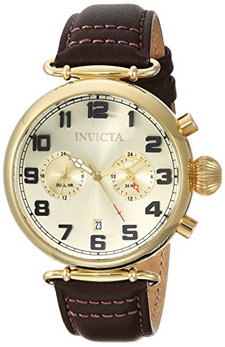 Invicta Men's 'Aviator' Quartz Gold-Tone and Leather Casual Watch, Color:Brown (Model: 22982)