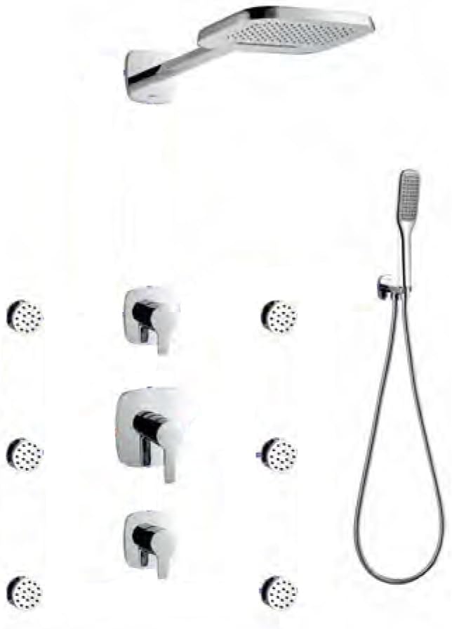 RENIST 9910A-D82 Concealed Shower System Faucet Set with Triple Control Valve, Square Rain Shower Head,Handheld Shower & 6 Spa Jets ,Chrome Finish