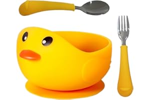 Oligey Baby Solid Food Self Feeding Set includes Toddler Suction Silicone Bowl with Spoon and Fork Bonus,Carton Duck Kid First Stage Eating Utensils Make Child Learning Happy in Led Weaning(yellow)