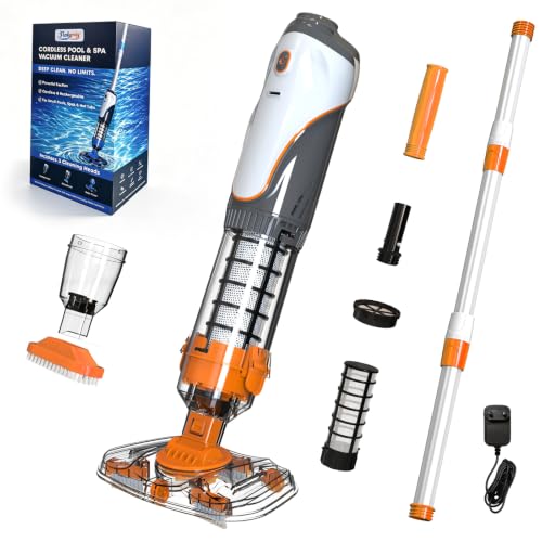 Cordless Pool Spa Vacuum Cleaner Rechargeable Handheld Pool Vacuum | with 60-Min Runtime Dual Filtration 3 Cleaning Heads Telescopic Pole for Sand Leaves Hot Tubs Above Ground & Small Pools