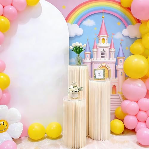 3Pcs Cardboard Cylinder Stands, Foldable Round Pedestal Columns, Plinth Pillars Table for Birthday Party Wedding Ceremony Baby Shower Display Decoration, White