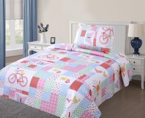 BEDDING BEDSPREAD COVERLET PILLOW CASE SET SIZE TWIN GIRL BYCICLE#9