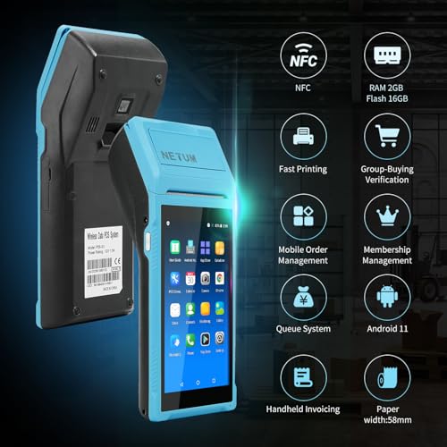 NETUM Handheld PDA with NFC, Android 11.0 POS Terminal with Receipt Printer | Data Collector, Portable Barcode Scanner, Handheld Bluetooth USB WiFi BT4.0, Includes 58 * 35 Paper Scroll