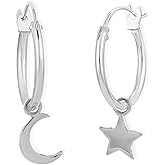 Boma Jewelry Sterling Silver Moon & Star Hoop Earrings with Snap Down Clasp