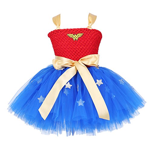 Tutu Dreams Handmade Superhero Tutu Dress For Girls Birthday Party Costume (Large(5-6years), Blue)