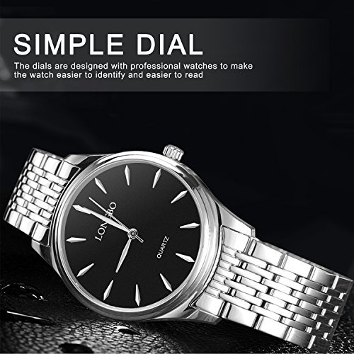 LONGBO Men\'s Women Watches Silver Stainless Steel Band Business Casual Waterproof Analogue Quartz Wristwatch Black Dial Couple Dress Watch (M, Silver-Black)