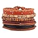 MJartoria Unisex PU Leather Hemp Cords Beaded Multi Strands Adjustable Wrap Bracelets Set of 4 Coffee