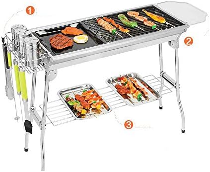 Portable Folding charcoal grill with fry pan, utensil rack,placing plate,food shelf