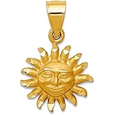 JewelryWeb 13.8mm 14k Solid Yellow Gold Satin Sparkle-Cut Sun Pendant Necklace Pendant for Women