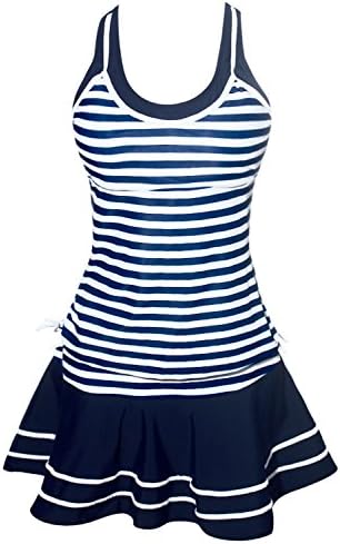 Caterstory Women's Vintage Navy Stripe Tankini Swimsuit Swim Dress Bathing Suit (XL)