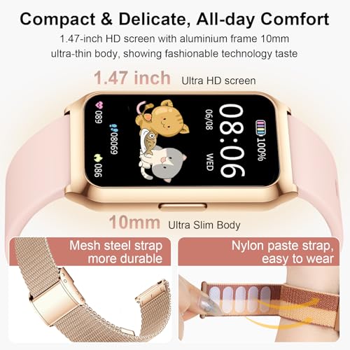 Reloj Inteligente Mujer, 1.47” HD Smartwatch con Marco de Aleación de Aluminio, Oxímetro Sueño Pulsometro, 100+ Modos Deportivos, Pulsómetro, IP68 Impermeable Smart Watches para iOS Android, 3 Correa