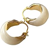 Retro Chunky Gold Brown Amber Hoop Earring, Trendy Boho White Resin Dangling Earrings for Women Dainty Minimalism Daily Party Jewelry Gifts Accessories