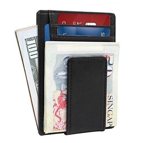 Minimalist Wallet RFID Blocking Genuine Leather Fashion Design Texture Soft Thin Slim Front Pocket Wallet Black