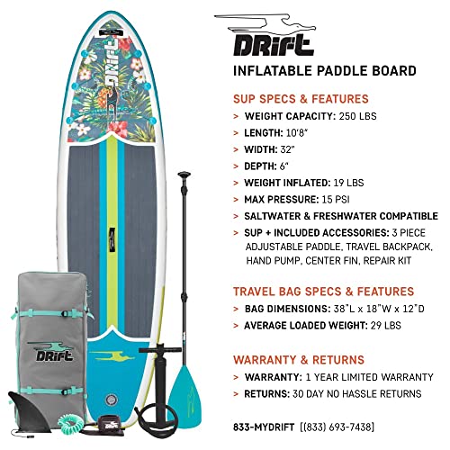 DRIFT Aero 10'8" Inflatable Stand Up Paddle Board iSUP with Coiled