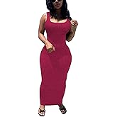 PINSV Women's Bodycon Maxi Dress Stretchy Sleeveless Tank Dress Summer Long Ribbed Casual Beach Party Dress Rose Red S