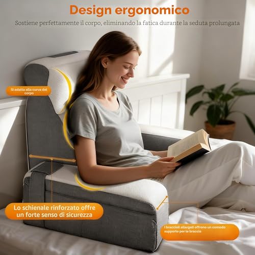 Large Reading Pillow with Removable Neck Pillow and Armrest, Back Cushion, Ergonomic Back Cushion with Arm and Pocket and Washable Reading Pillow Cover for Reading