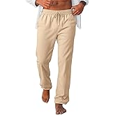 Runcati Mens Casual Pants Drawstring Elastic Waist Lightweight Linen Pants Loose Fit Straight Legs Beach Trousers
