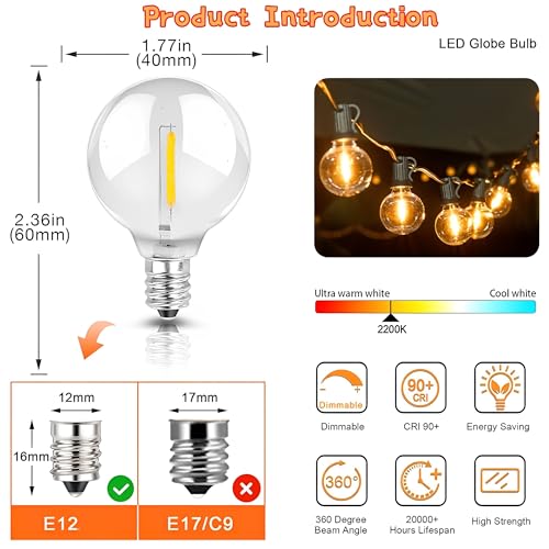 Beauenty Outdoor String Lights 50 Feet G40 Globe LED Patio Lights with 25 Bulbs,2700K Bright LED Patio String Lights, Waterproof Hanging Light Strings for Wedding Patio Indoor Outdoor Party Garden