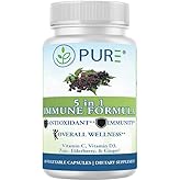 PURE® 5 in 1 Immune Formula - 120 Capsules - Elderberry 1000mg, Vitamin C 1000mg, D3 5000 IU, Zinc & Ginger - All-in-One Seasonal Defense Shield - High Potency Antioxidant Stack - Made in USA