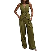 Cicy Bell Womens 2 Piece Outfits V Neck Tie Waist Blazer Vest and Wide Leg Business Casual Suit Pants Sets