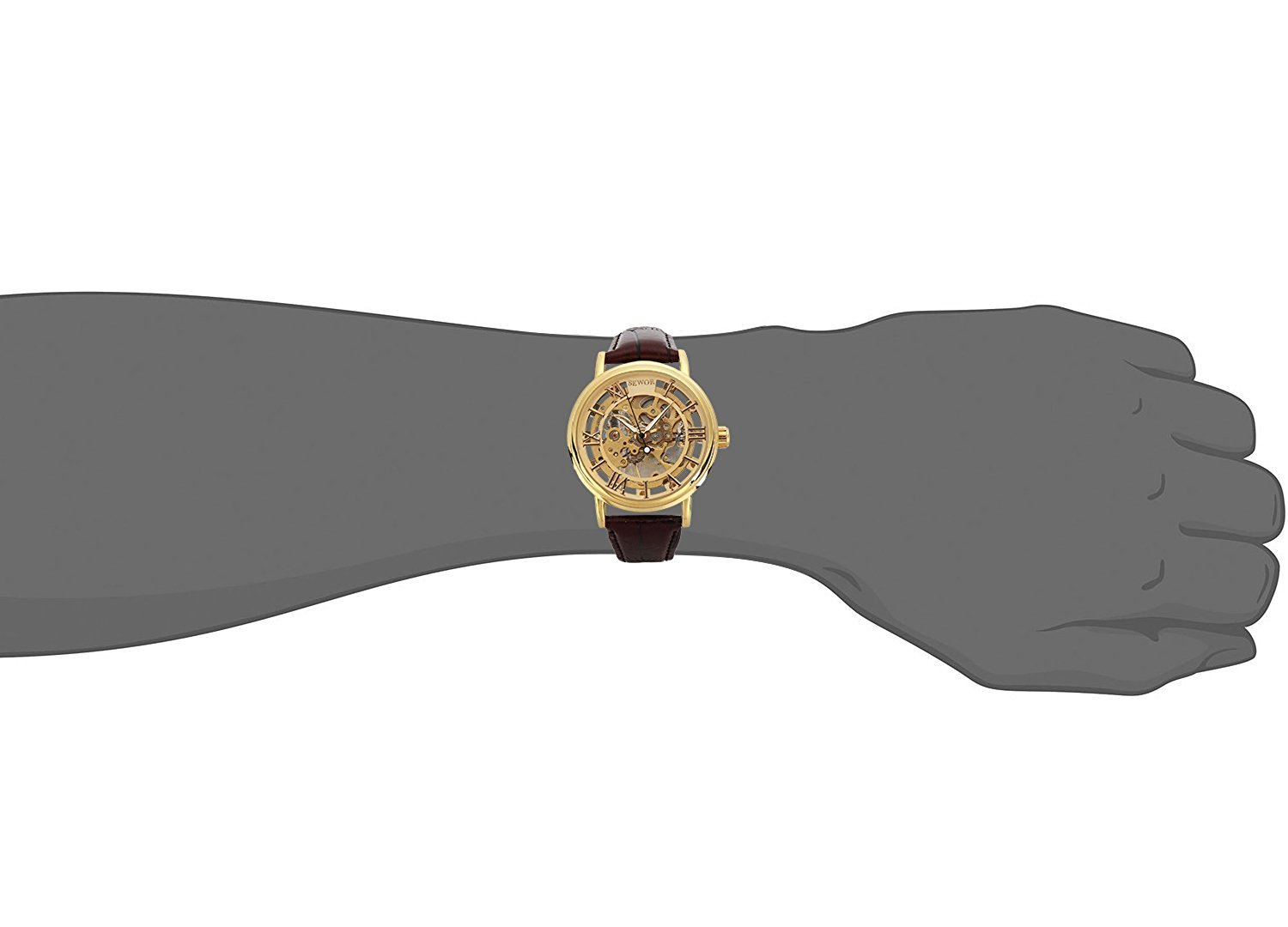 SEWOR Men\'s Mechanical Skeleton Transparent Vintage Style Leather Wrist Watch (Gold Case)