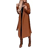 utcoco Womens Long Wool Pea Coats Notched Collar Open Front Woolen Blend Trench Coat with Belt