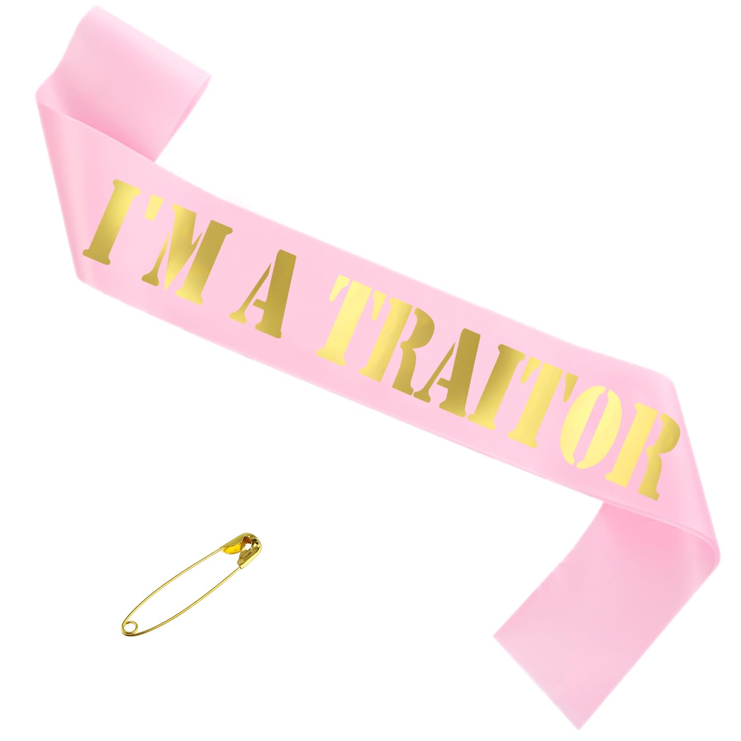 View 1 of "I'M A TRAITOR Sash with Gold Foil, PINK Going Away/Moving/Job Change/Relocating Party Sash for Women or Men, Funny Last Day Office Party Decorations, Supplies, Favors; Retirement, Graduation, Divorce, New Chapter Sashes (PINK)