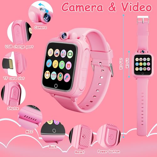Diswoe Smart Watch for Children, Smartwatch Girl 3 4 5 6 7 8 9 10 11 12 Years, Gift Girl with 14 Games, 90° Rotating Camera, Alarm Clock and HD Touch Screen, Gifts for Boys and Girls