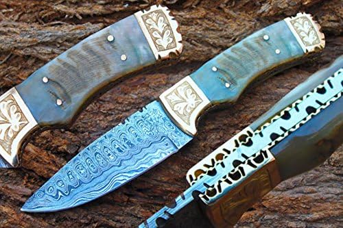 One of Kind Damascus Blade Handmade 4.2" Blade Hunting Knife w/Engraved Brass Bolsters,Fine Ram Horn &amp; Sheath Cover UDK-FR-S-16