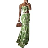 CHICME Floral Printed Prom Dress Tie Ruched Shirred Bandeau Party Dress Slim Fit Ruffle Hem Vacation Dresses