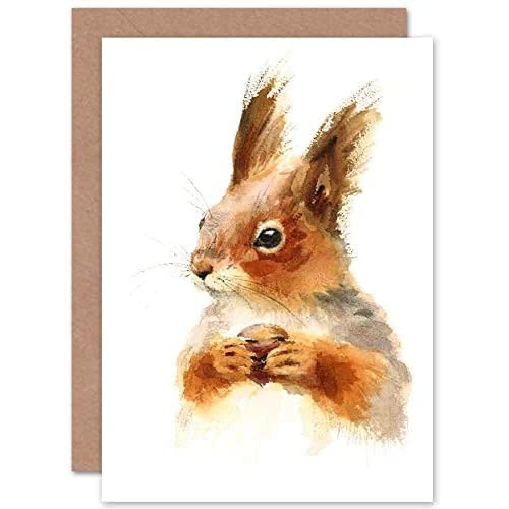 Fine Art Prints CPDT0190 Squirrel Watercolour With Nut Greeting Card With Envelope Inside Premium Quality, Beige|orange, 17.5 x 12.5 cm