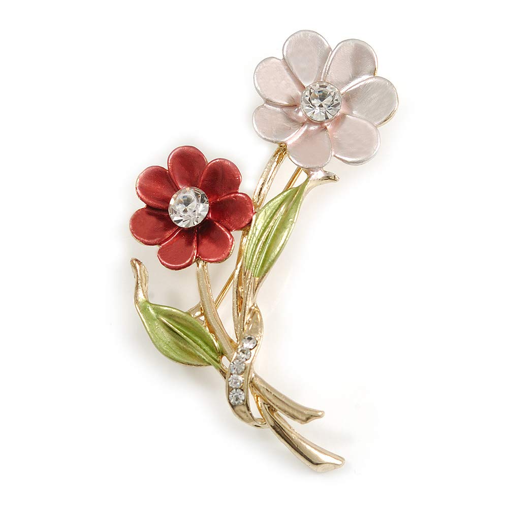 Pink/Coral/Olive Two Daisy Floral Brooch - 50mm L