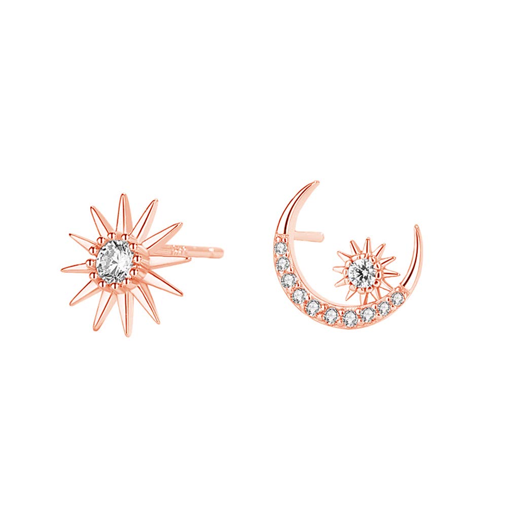 Crystal Star Crescent Moon Stud Earrings S925 Sterling Silver Dainty Clear CZ Diamond Sun Asymmetrical Ear Studs Piercing Earring Delicate Jewelry Gifts for Women Girls Sensitive Ears