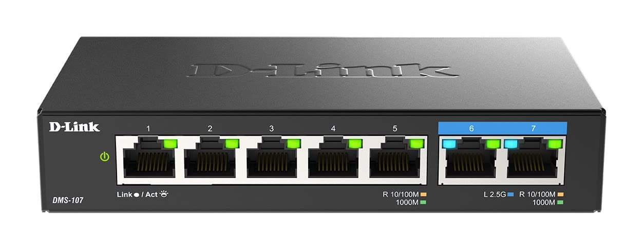 D-Link DMS-107/B 7-Port Multi-Gigabit Unmanaged Switch with Two 2.5G and Five Gigabit Ports, Fanless, Low Profile, Compact, Metal Housing, QoS, Plug and Play โ image 1