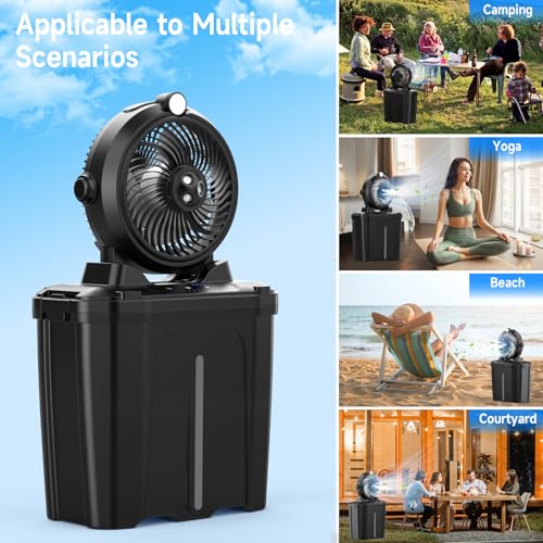 XTTANK Camping Misting Fan with 11L Bucket & LED, 20000 mAh Battery Portable Fan, 3 Speed, 3 Mist Modes, 45° Vertical Oscillation, Camping/Fishing/Travel