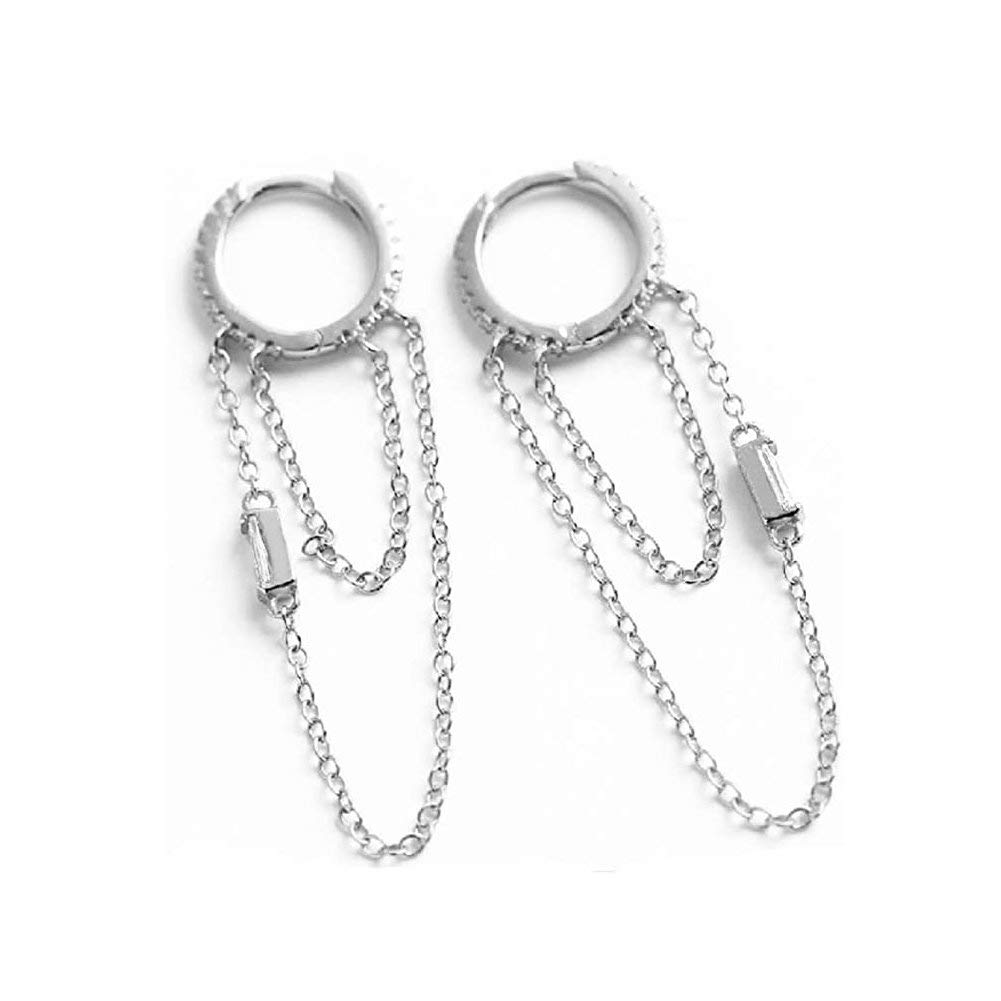 CZ Chain Dangle Drop Small Hoop Cuff Earrings S925 Sterling Silver for Women Girls Cartilage Sensitive Ears Fashion Elegant Chic Cubic Zirconia Threader Tassel Dangling Hypoallergenic Gifts (Silver)