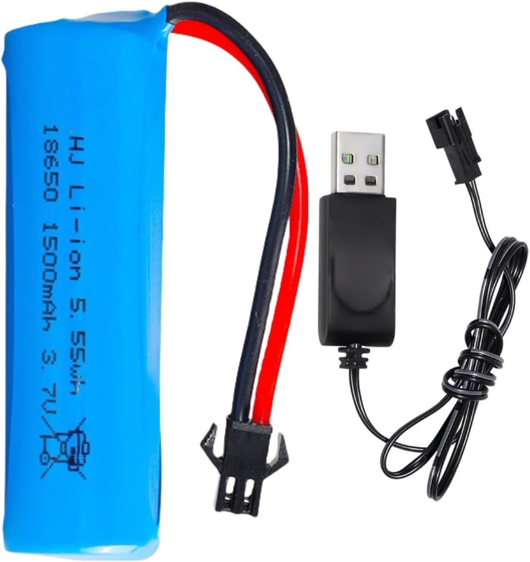 ERYNK 3.7 V 18650 RC Car Battery 1500 mAh Rechargeable Li-ion Battery SM-2P Joint for Double-Sided RC Stunt Car RC Boat Tumbling Amphibious RC Car RC Truck and C63 E35 DE38 DE40 and USB