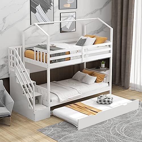 Twin Over Twin Bunk Bed for Kids Toddlers, House Bunk Bed Farm with