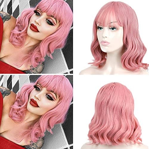 Hairphocas Short Pink Wig with Bangs Wavy Bob Style Cosplay Wigs Women’s Shoulder Length Full Wigs