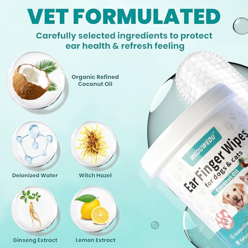 MEDUWEDU EAR CLEANER FINGER WIPES 120 COUNTS, DOG EAR CLEANER,SOFT & EASY OTIC CLEANING PADS, REMOVE WAX, DIRT & STOP SMELLY, ITCHY, NON-IRRITATING, GRAPEFRUIT SCENT