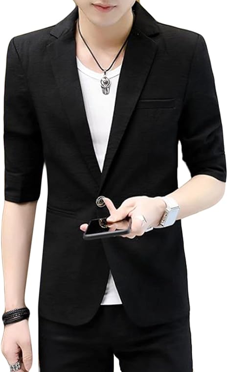Amazon Aozuoテーラードジャケット メンズ 夏 7分袖 サマージャケット ビジネス スーツ 薄 綿麻ジャケット メンズ カジュアル 黒ブレザー コート ジャケット 通販