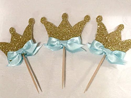12 Gold Glitter Crown Cupcake Toppers with Blue Satin Bows