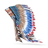 Boho Basics Native American Indian Inspired Feather Headdress Red White Blue (Length: Medium)
