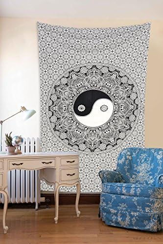 New Launched Indian Traditional Wall Decor Black and White Yin Yang Hippie Tapestries, Cotton Printed Bohemian Mandala Tapestry, Wall Hanging Throw by ENN ELL ENTERPRISES