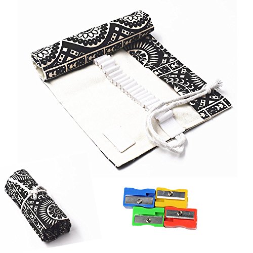 RayLineDo® 72 Holes Canvas Pencil Wrap Roll Up Pencil Case Pen Holder Bag Storage Pouch Black Bohemia Style