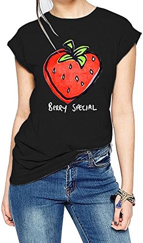 FV RELAY Women's Graphic Tee Tops Cute Strawberry Short Sleeve Casual Teen Girls T Shirts (XXL, Black)