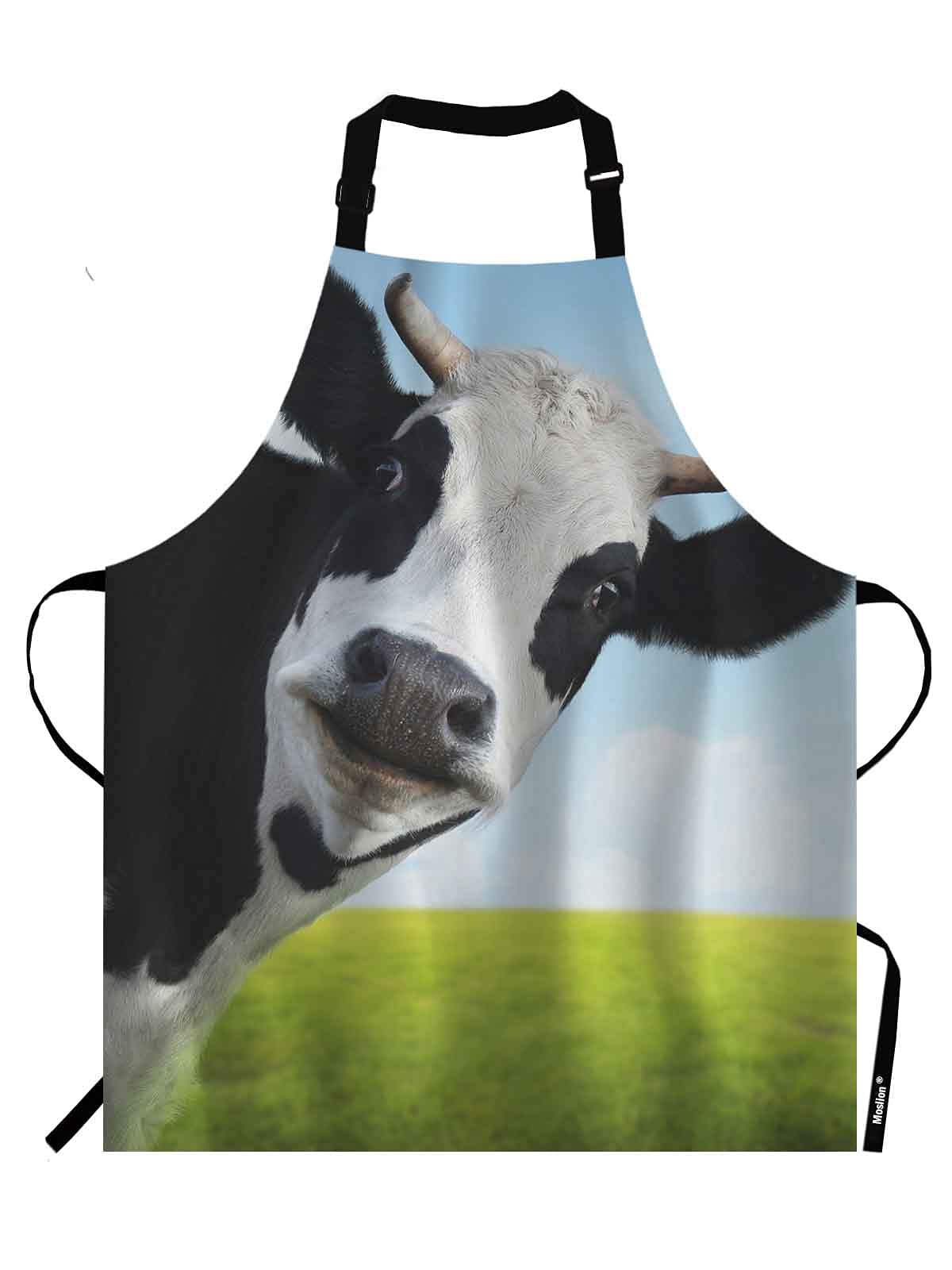 Moslion Funny Cow Apron,Milk Cow on Grass Dairy Cattle Farm Apron,Adjustable Neck Bib for Men Women,Suitable for Kitchen Cooking Waitress Chef