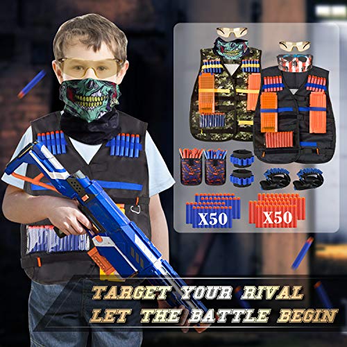 AILUKI 2 Pack Kids Tactical Vest Kit for Nerf Guns Game N-Strike Elite Series Wars with Refill Darts, Reload Clips, Dart Pouch, Tactical Mask, Wrist Band and Protective Glasses for Boys ,Girls